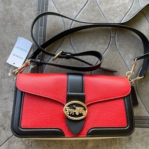COACH Georgie Shoulder Bag In Colorblock Color: Gold/Bright Poppy Multi
